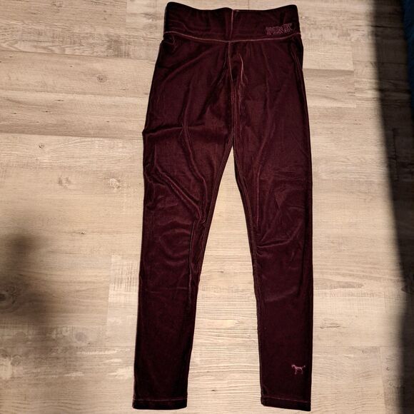 Victoria’s Secret PINK Burgundy Velour Logo Flat Yoga Leggings Small - Picture 1 of 12